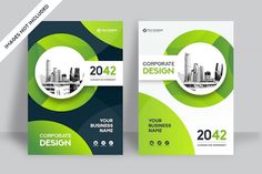 two green brochures with cityscape and circles on the front, one is for