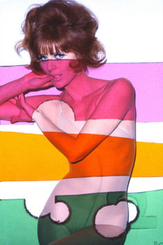 a painting of a woman in an orange top and green pants with her hand on her chin