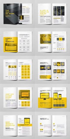 the yellow and black brochure is displayed in several different positions, including one for each