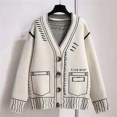 Shipping: Worldwide Express Shipping AvailableDelivery time: 7-15Days Fast ShippingReturns: Fast refund, 100% Money Back Guarantee. Winter Black And White, Painting Graffiti, Y2k Cardigan, Korean Fashion Fall, Knitted Blouse, Fall Cardigan, Áo Len Cardigan, Winter Vest, Long Sleeve Knitted Cardigan