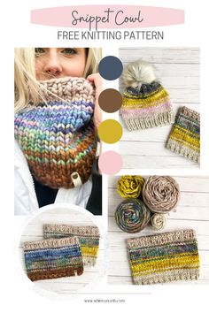 a woman wearing a knitted hat and scarf with text overlay that says, striped cowl free knitting pattern