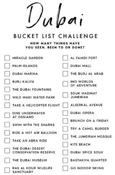 the dubai bucket list with text overlaying it that says,'bucket list challenge how many things may have been to do? '