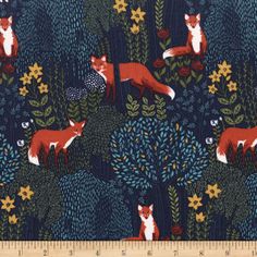 an image of foxes in the woods with flowers and leaves on blue background, fabric