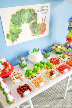 the very hungry caterpillar birthday party is complete with food and snacks for kids