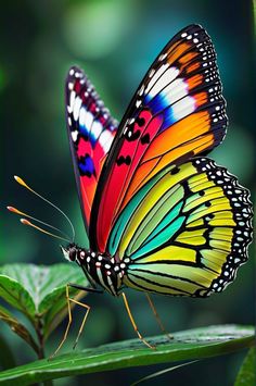 a colorful butterfly sitting on top of a green leaf