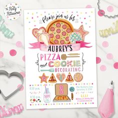 a pizza party poster on a table with confetti and other items around it