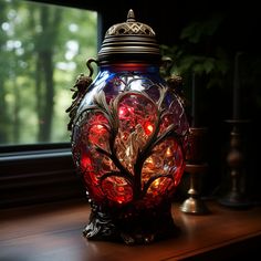 a glass vase sitting on top of a wooden table next to a window sill