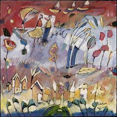 an abstract painting with flowers and houses in the background