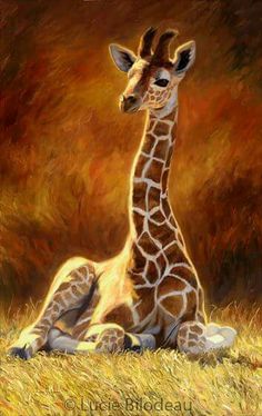 a painting of a giraffe sitting in the grass with its head turned to the side