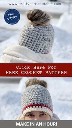 a woman wearing a crochet hat and scarf with text overlay that reads, click here for free crochet pattern make in an hour