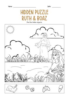 Hidden Puzzle Ruth and Boaz Ruth Bible Craft Activities, Ruth And Boaz Coloring Page, Ruth And Boaz Bible Craft, Ruth Bible Craft, Boaz And Ruth, Ruth Bible Study, Ruth And Boaz, Ruth Bible