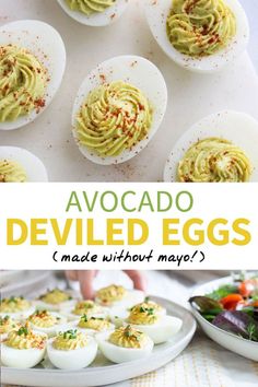 deviled eggs with mayonnaise sprinkled on them and the words avocado deviled eggs made without mayonnaise