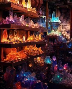 many different colored crystals are on shelves in a room filled with rocks and other items