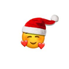 a yellow emoticon wearing a santa hat with hearts on it's nose