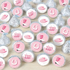 Rodeo Cowgirl Small Round Candy Sticker Favors includes 3 sheets of 108 stickers per sheet for a total of 324 stickers - perfect for styling your Pink Western Party candy favors. Measuring to .75 in, these round candy labels will fit a variety of small candies with a flat, round bottom like wrapped chocolate or peppermints. Candy not included. Tiny Surprise: Mini yet ornate, the Rodeo Cowgirl round candy stickers make excellent little accents on all your bite-size treats. Scatter the decorated g Pink Western Party, Cowgirl Party Favors, Girl Bday Party, Western Party, Candy Labels, Rodeo Cowgirl, Candy Stickers, 2nd Birthday Party Themes, Western Parties