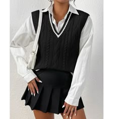 Super Cute And Stylish Ships In 5-10 Business Days Chic Black Sweater Vest For Fall, Spring Black Cable Knit Sweater, Black Knitted Sweater Vest For Layering, Chic Black Sweater Vest For Winter, Elegant Black V-neck Sweater Vest, Trendy Black Sweater Vest For Fall, Elegant Black Sweater Vest For Fall, Elegant Black Knit Sweater Vest, Classic Black Sweater Vest For Spring