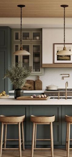 an image of a kitchen setting with bar stools and island in the center area