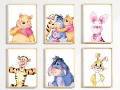 four winnie the pooh wall art prints in various sizes and colors are shown on a white background