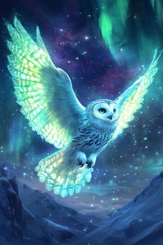 an owl flying in the sky with stars and aurora lights above it's head