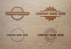 three wooden business name badges on a wood surface with circular sawrings in the middle