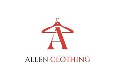 a red and white logo for a clothing store with an open hanger on it