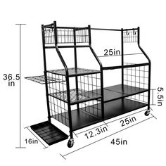 a black and white photo of a three tiered cart with measurements for each shelf