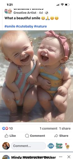 two babies are laughing together in the water