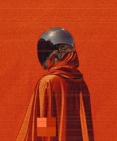 a person with a red cape and a helmet on their head standing in front of an orange background