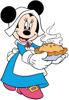 a cartoon character holding a piece of food in one hand and wearing an apron on the other