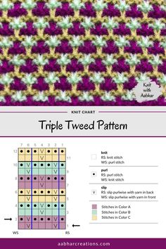 the knitting pattern for triple tweeded crochet is shown in purple, yellow and green