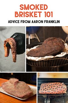 Four-image collage of the process of smoking brisket Oklahoma Joe Smoker Recipes, Brisket Smoker Recipes, Brisket Smoker, Best Smoked Brisket Recipe, Smoker Brisket, Smoked Beef Brisket Recipes, Smoked Recipes