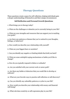 a question sheet with the words therapy questions