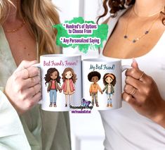 two women holding up coffee mugs with cartoon characters on them and the words, best friend