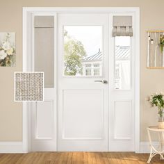 a white front door with two sidelights and blinds on the windowsill, next to a small table with flowers