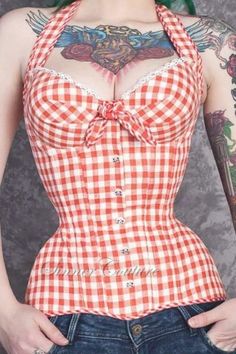 Corset Tattoo, Red And White Gingham, Rockabilly Girl, Rockabilly Outfits, Look Retro, Overbust Corset, Retro Mode