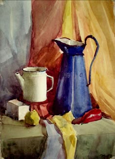 a watercolor painting of a pitcher and other items