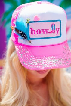 Let your inner cowgirl shine with this eye-catching CUSTOM PINK HOWDY TRUCKER! Made with serious sparkle, this fun hat lets you personalize your look with a gold initial of your choice. Yeehaw! All orders are currently shipping within 14 business days. To receive item quicker, expedited shipping is available at checkout. Cheap Personalized Trucker Hats, Cheap 5-panel Trucker Hat With Letter Print, Cheap Customizable Pink Hat, Embellished Trucker Hat, Playful Pink Festival Hat, Cute Pink Festival Hat, Trendy Pink Bucket Hat, Funky Pink Cap Hat, Trucker Hat Ideas For Women