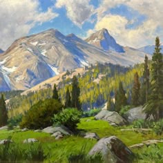 a painting of mountains with trees and rocks in the foreground, on a sunny day