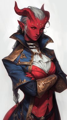 a woman dressed in red and blue with horns on her head