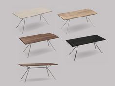 six different tables with metal legs and wood tops, all in various shapes and sizes