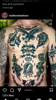 the back of a man with tattoos on his chest and arms, in front of an instagramr