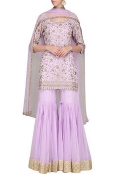 Featuring a lavender kurta in georgette base with hand embroidery. It is paired with gharara pants and net dupatta.    FIT: Fitted at waist and bust.  COMPOSITION: Georgette, net.  CARE: Dry clean only. Lavender Clothes, Gharara Pants, Salwar Dress, Pakistani Wedding Outfits, Desi Wedding, Indian Suits, Dress Indian Style, Net Dupatta