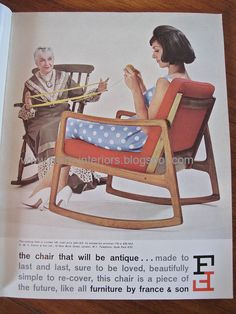 an old fashion magazine features a woman knitting on a rocking chair with another woman sitting in the background