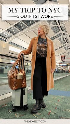 a woman is standing in an airport with her luggage and the words my trip to nyc 5 outfits i wore