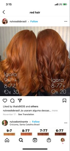 Ginger Hair Igora, Schwarzkopf Red Formulas, Igora Royal Copper Formulas, Red Head Style Outfits, Igora 7.77 Ox 30, Igora Royal Copper, Tangerine Hair Color, 7.44 Hair Color, Natural Ginger Hair Color