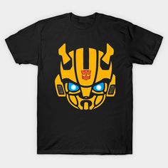 a black t - shirt with an image of a yellow and blue transformer face