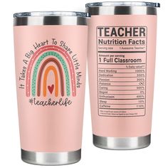 two pink tumblers with teacher nutrition labels on them