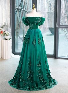 Beautiful Green Off Shoulder Party Dress with Flowers, Green Sweet 16 – BeautyDressy Green Sweet 16 Dress, Formal Dress Green, Green Sweet 16, Off Shoulder Party Dress, Tulle Formal Dress, Off Shoulder Tulle, Green Floor, Beaded Party Dress, Cheap Formal Dresses