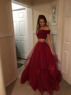 SGD164,Two Pieces Red Prom Dress,Tulle Off Shoulder Evening Dresses Prom Gowns Tulle Prom Dresses Cheap on Storenvy Gaun Tulle, Prom Dress Tulle, Long Party Gowns, School Dance Dresses, Cheap Gowns, Off Shoulder Evening Dress, Gaun Fashion, Cheap Evening Dresses