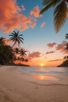 the sun is setting on a tropical beach with palm trees